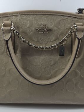 Coach Beige Embossed Signature Satchel with Gold Chain